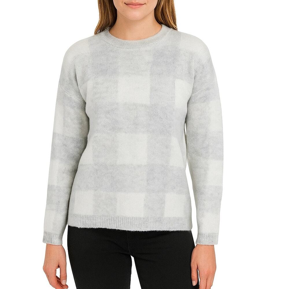 Storia Crew Neck Sweater Pullover Gray & White Checkered Plaid Sweater Medium